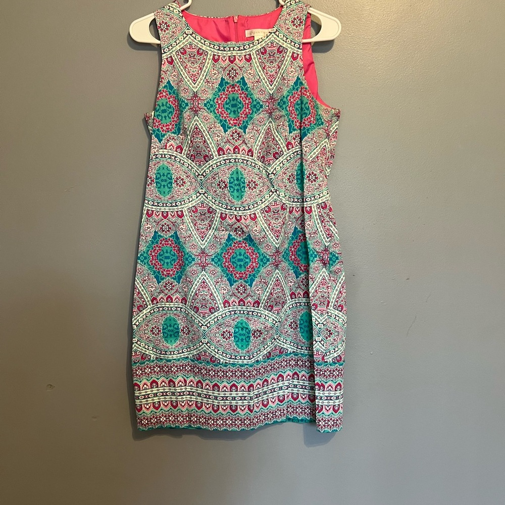 London Times White and Blue Halter Sheath Mini Dress